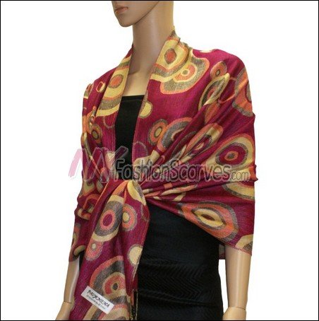 Multi Colored Circle Pashmina <br>Fuchsia Red