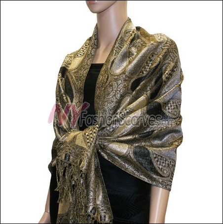 Metallic Paisley Pashmina <br>Black