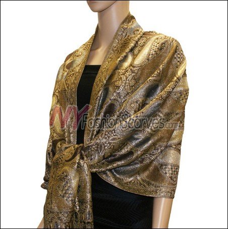 Metallic Paisley Pashmina <br>Coffee
