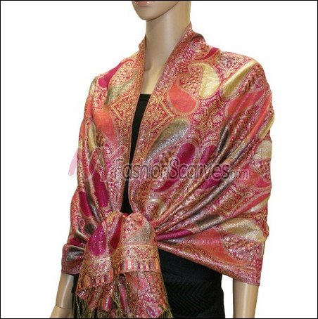Metallic Paisley Pashmina <br>Fuchsia Red
