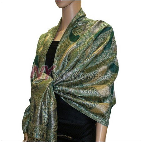 Metallic Paisley Pashmina <br>Dark Olive