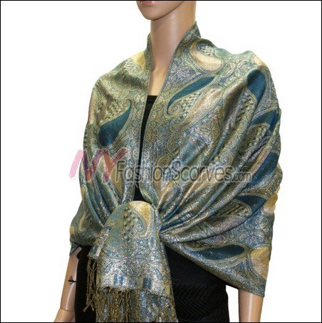 Metallic Paisley Pashmina <br>Peacock Blue