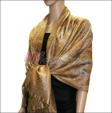 Metallic Paisley Pashmina <br>Tan