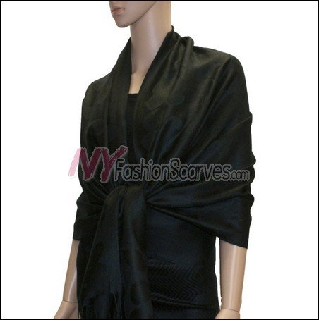 Leaf Jacquard Pashmina Scarf <br>Black