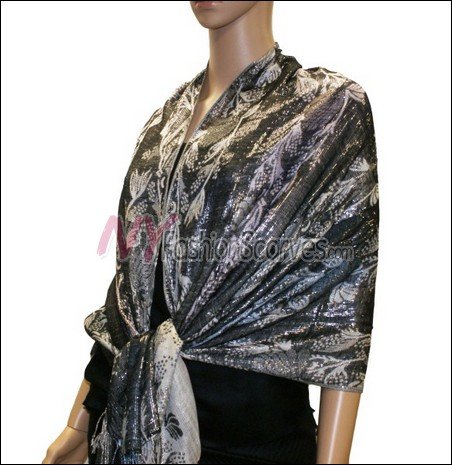 Metallic Stem Flower Shawl - Black