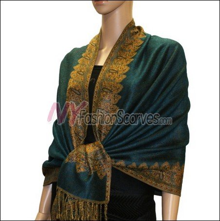 Border Patterned Pashmina<br>Dark Green