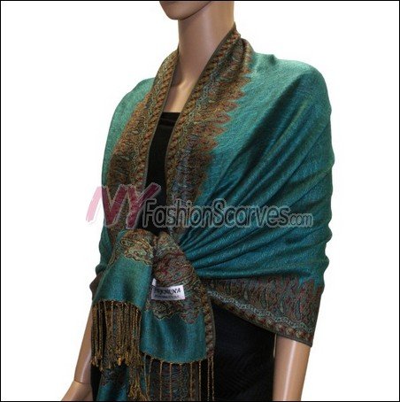 Border Patterned Pashmina<br>Medium Aquamarine