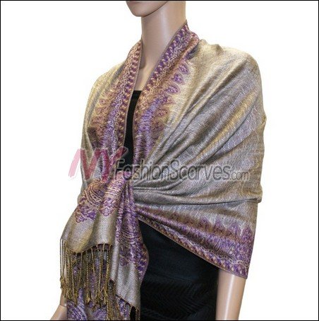 Border Patterned Pashmina<br>Light Brown w/ Purple