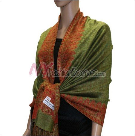 Border Patterned Pashmina<br>Grass Green