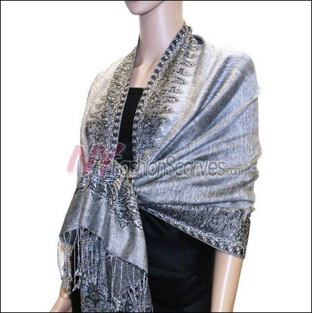 Border Patterned Pashmina<br>Silver