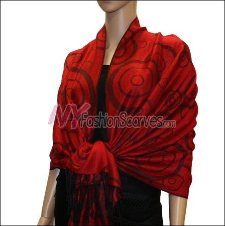 Multi Circle Soft Pashmina <br>Black w/ Red