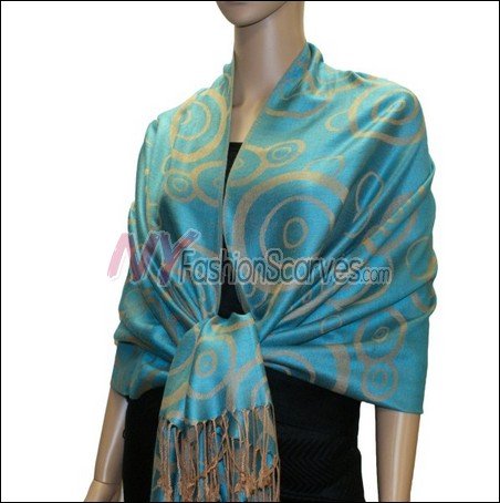 Multi Circle Soft Pashmina <br>Tan w/ Peacock Blue