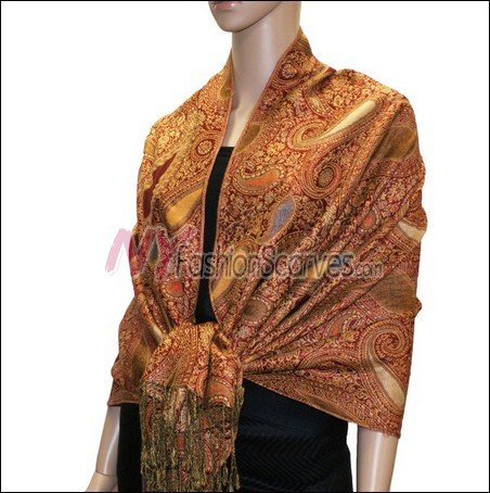 Multi Colored Paisley Pashmina <br>Red w/ Saffron