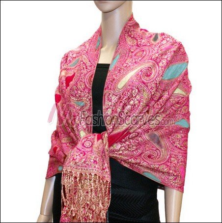 Multi Colored Paisley Pashmina<br>Magenta w/ Turquoise