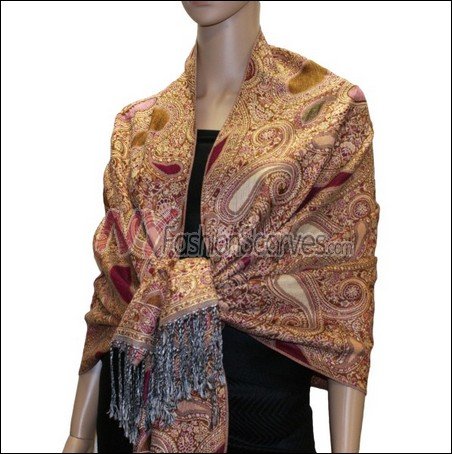 Multi Colored Paisley Pashmina <br>Burgundy