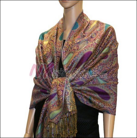 Multi Colored Paisley Pashmina <br>Turquoise w/ Violet Red