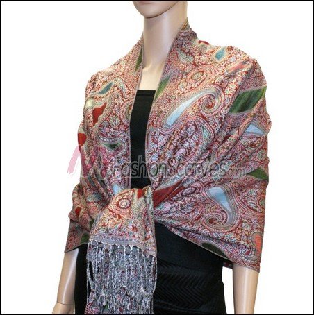 Multi Colored Paisley Pashmina <br>Army Green w/ Red