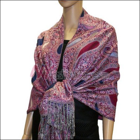 Multi Colored Paisley Pashmina <br>Magenta w/ Royal Blue