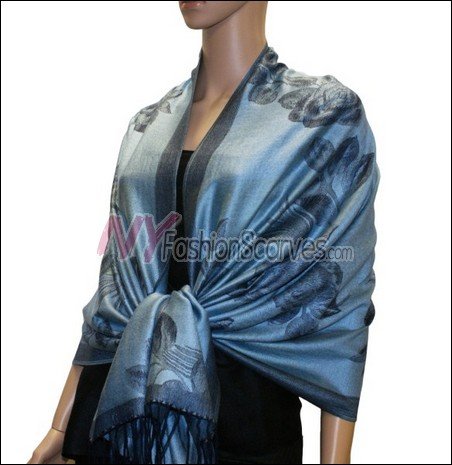 Rose Pattern Pashmina <br>Light Denim