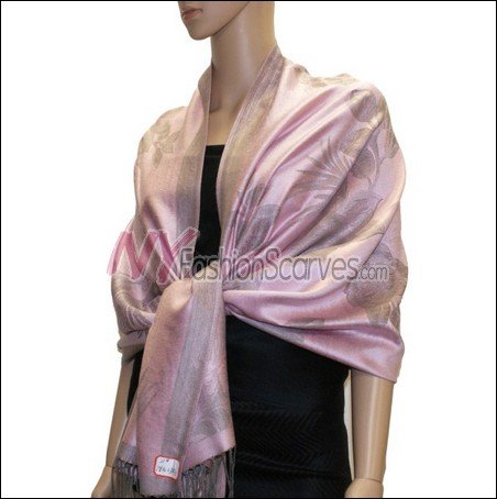 Rose Pattern Pashmina <br>Grey w/ Pink