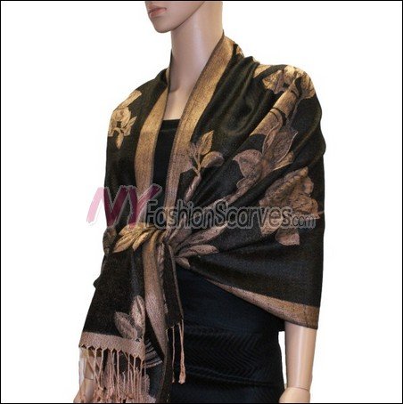 Rose Pattern Pashmina <br>Tan w/ Black
