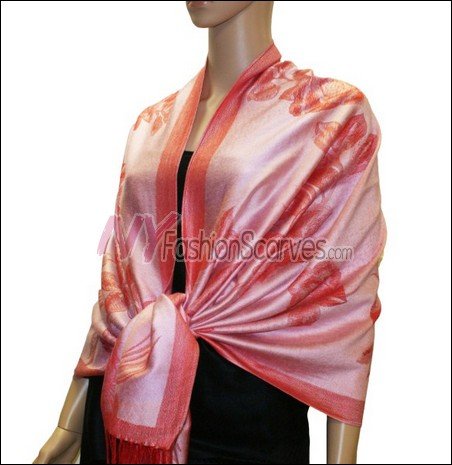 Rose Pattern Pashmina <br>Red w/ Pink