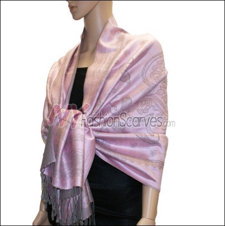 Paisley Pattern Scarf <br>Grey w/ Pink