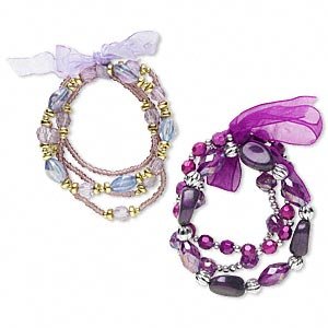 2 Bracelets -acrylic, glass and organza ribbon, purple/lavender/gold/silver 7-1/2 inch