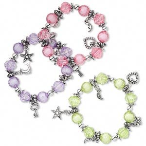 3 Bracelet, acrylic, multicolored with silver-colored beads and charms, 7-inch stretch