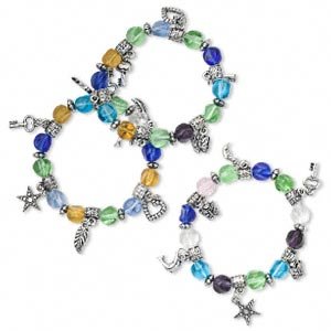 3 Bracelet, glass, multicolored with silver-colored beads and charms, 7-inch stretch.