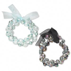 Bracelet, stretch, acrylic, glass and organza ribbon, mint green/grey/silver/black