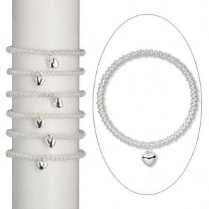 1 Bracelet, stretch, silver-colored brass, 8-inches with heart drop