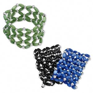 Bracelet, stretch, cat's eye glass and acrylic, 4mm rounds and 9x4mm ovals, 6-1/2 inches.
