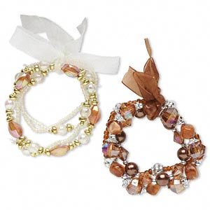 2 Bracelet, stretch, acrylic, glass, organza ribbon, brown/gold/silver/clear, 7-1/2 inch.