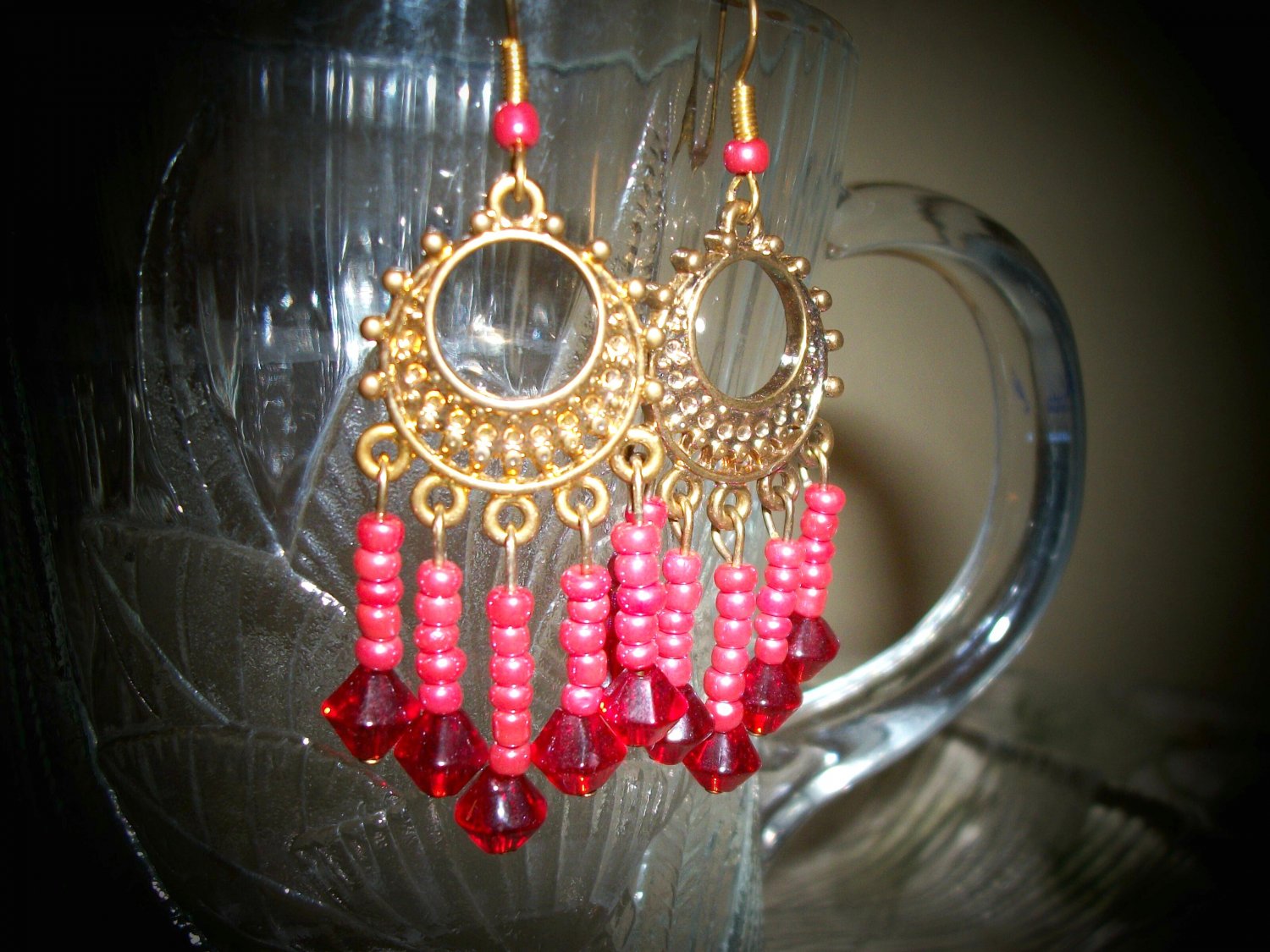 Gold Plated Red Dangle Glass Beaded Earrings