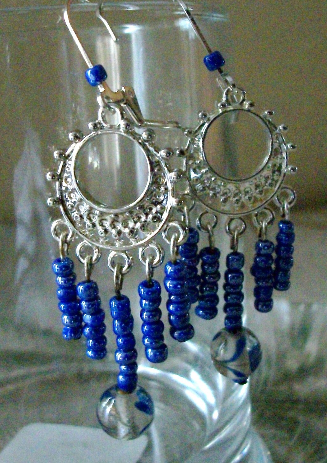 Blue & Sliver Plated Glass Beaded Earrings