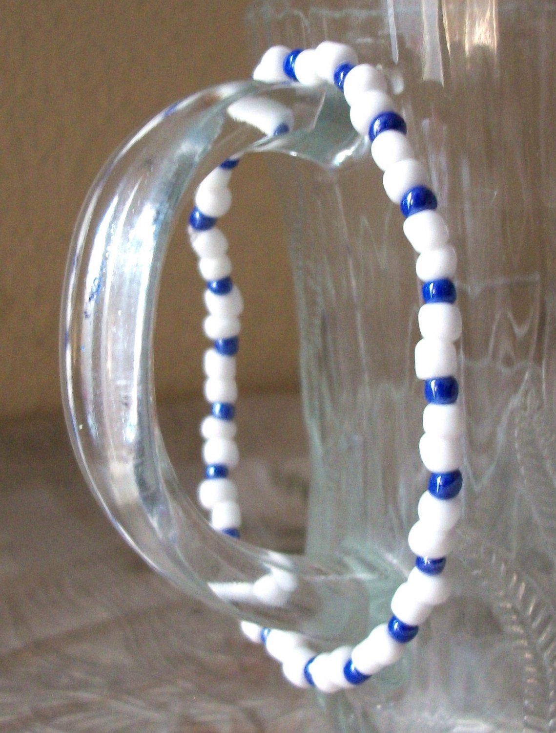 Flexible White & Blue Glass Beaded Bracelet