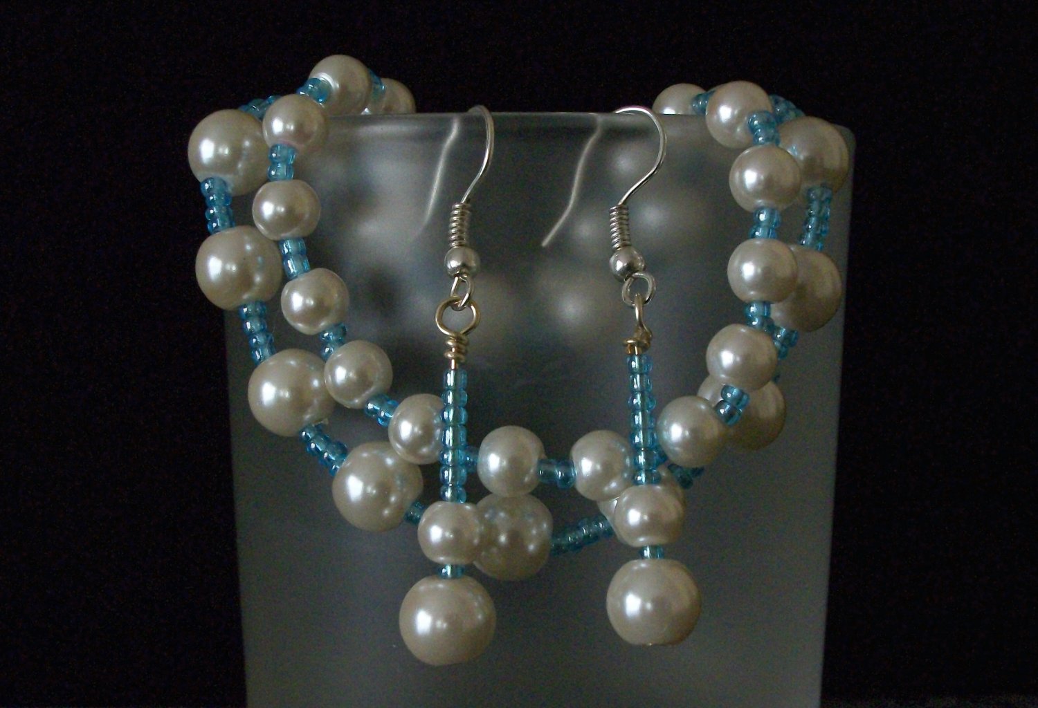 Sky Blue & Pearl Glass Beaded Earrings. Bracelets set