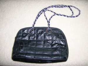 Black Patch Work Purse w Silver/Black Carry Chain BNK158