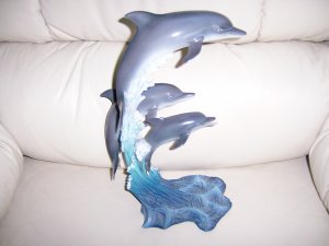 Three Leaping Dolphins Grey w Blue Waves BNK165