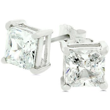 Princess Cut Sterling Silver Stud Earrings