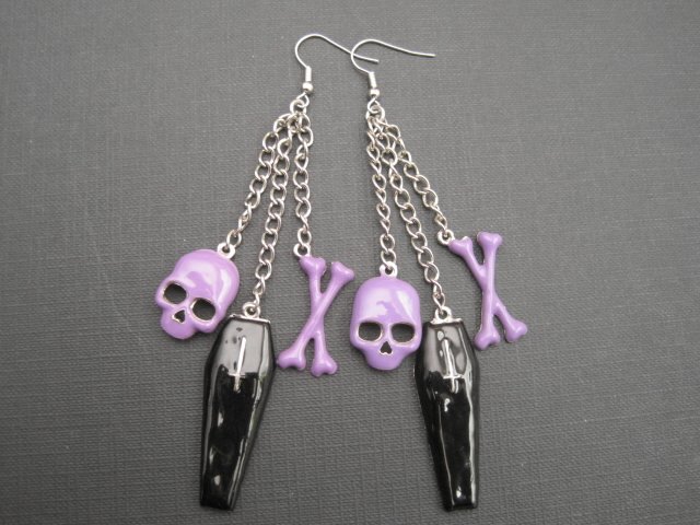 Black Coffin & Skull Bones Dangle Gothic Earrings