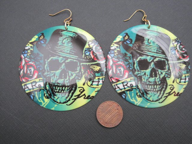 Green Skull Tattoo Dangle Earrings