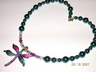 Teal Swarovski Pearl Necklace with Sterling Silver, Swarovski Crystals, and a Dragonfly Pendant