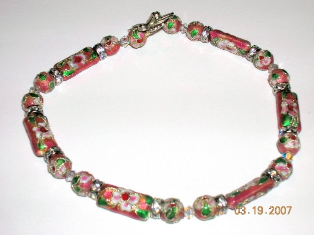 Pink Cloisonne Bead Anklet with Swarovski Crystals