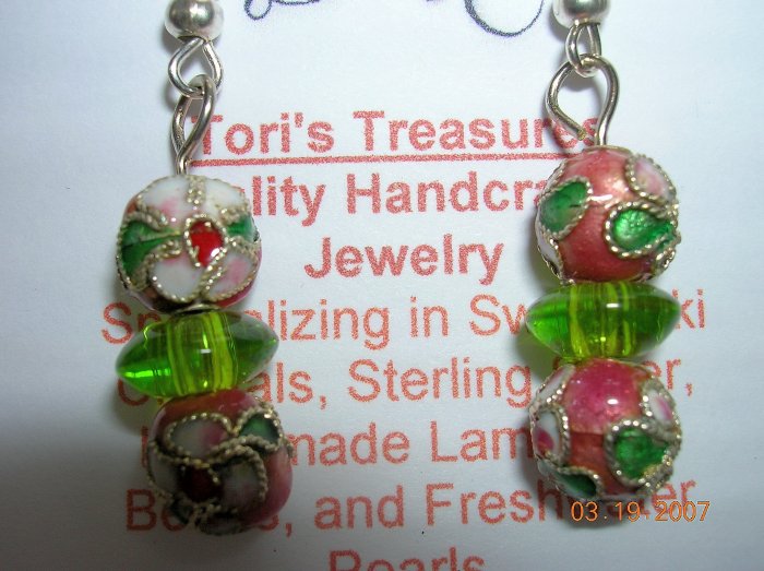 Pink and Green Cloisonne Earrings. So Pretty
