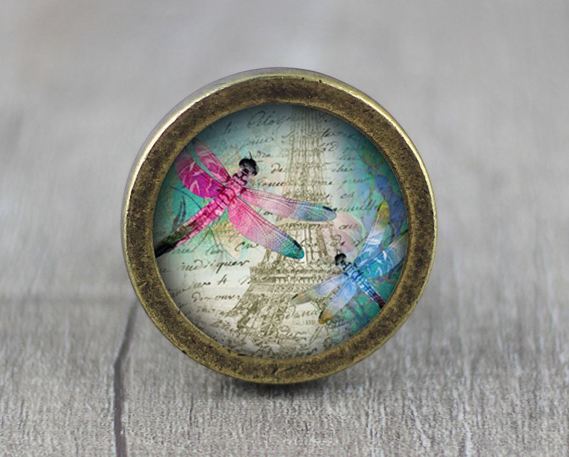 Butterfly Glass Cabochon Bronze cabinet Dresser Knobs pull / Dresser Pull