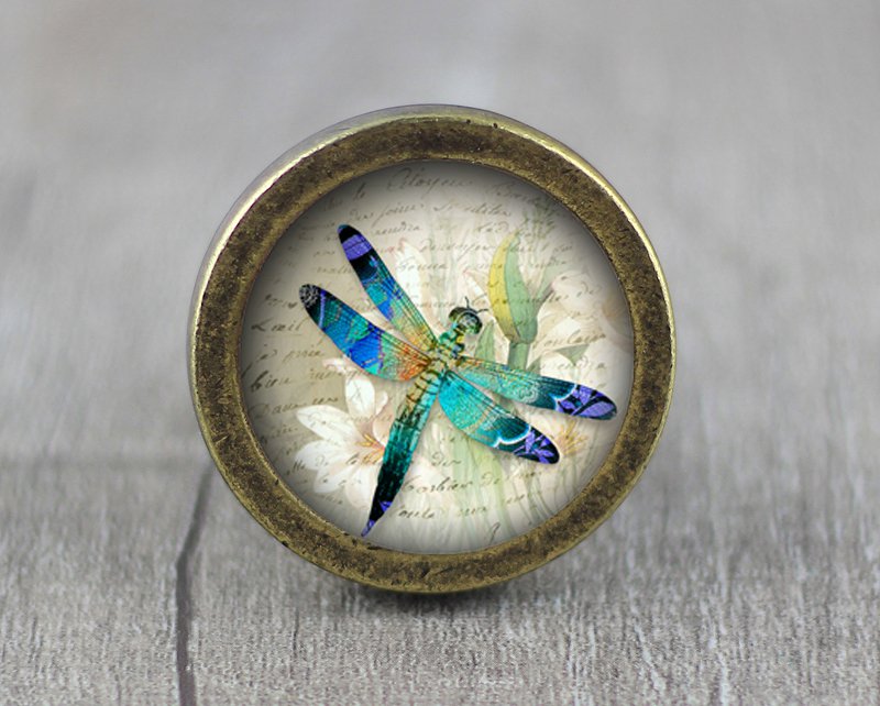 Butterfly Glass Cabochon Bronze cabinet Dresser Knobs pull / Dresser Pull