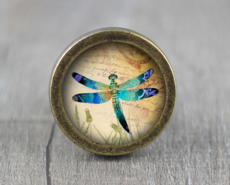 Butterfly Glass Cabochon Bronze cabinet Dresser Knobs pull / Dresser Pull