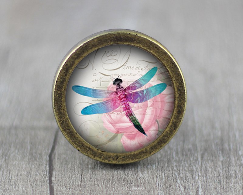 Butterfly Glass Cabochon Bronze cabinet Dresser Knobs pull / Dresser Pull